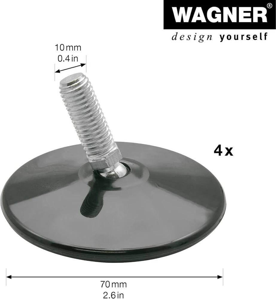 Wagner design reguliuojama kojelė / išlyginamoji kojelė su rutuliniu šarnyriniu sujungimu, skersmuo 70 mm, juoda, sriegtas varžtas m10 x 25 mm, baldų slystukai - plastikiniai juodi - skersmuo 50 mm, įskaitant - pagaminta de - 15427901