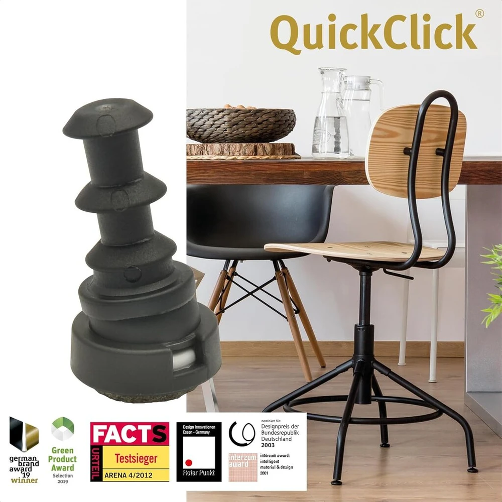 Wagner Quickclick® baldų kojelės apverčiamos vilnos veltinio + plastiko - 8 dalių rinkinys, skirtos įstatyti į apvalius vamzdžius - duo - vidinis skersmuo 12 mm / išorinis skersmuo 16 mm - pagaminta vokietijoje - 15832000