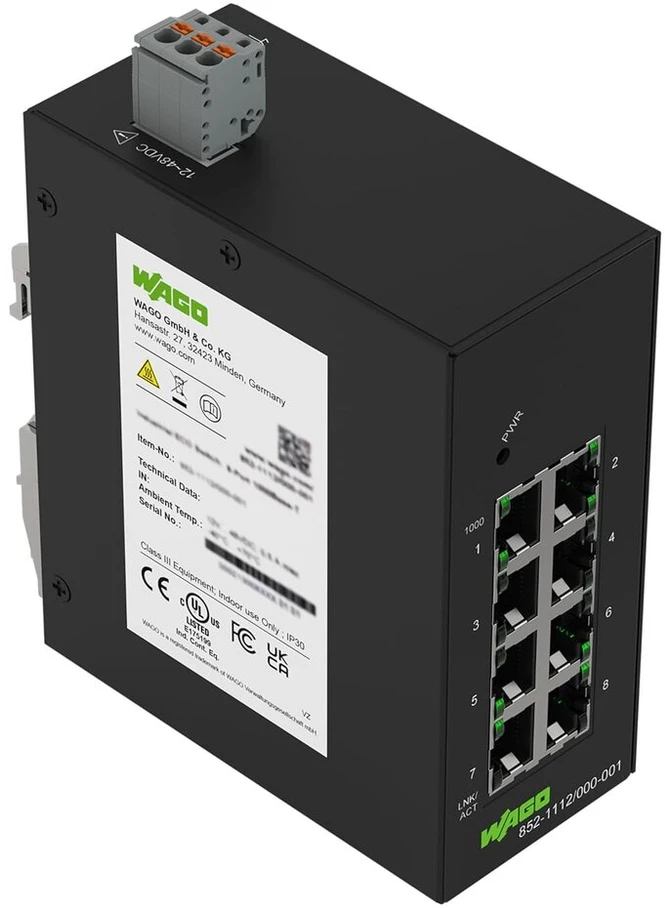 Wago Industrial Eco Switch 852-1112/000-001 | su 8 ethernet prievadais 10/100/1000 mbps automatinis derinimas ir diagnostikos šviesos diodai priekyje, palaiko iki 8000 absoliučių mac adresų