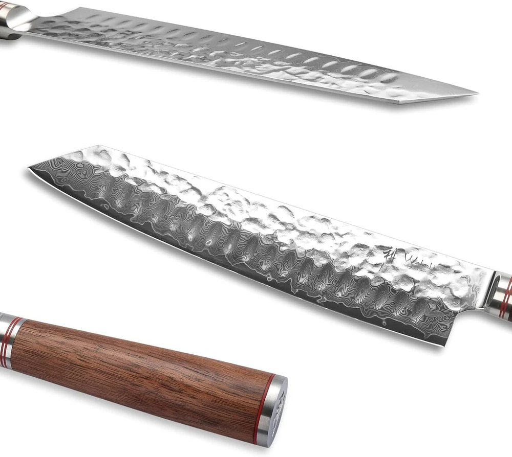 Wakoli Damask Kiritsuke šefo peilis - 20 cm ašmenys pagaminti iš 67 sluoksnių Vg10 Damasko plieno su plaktuko smūgiu, ergonomiška riešutmedžio rankena, profesionalus šefo peilis dovanų dėžutėje mėgėjams