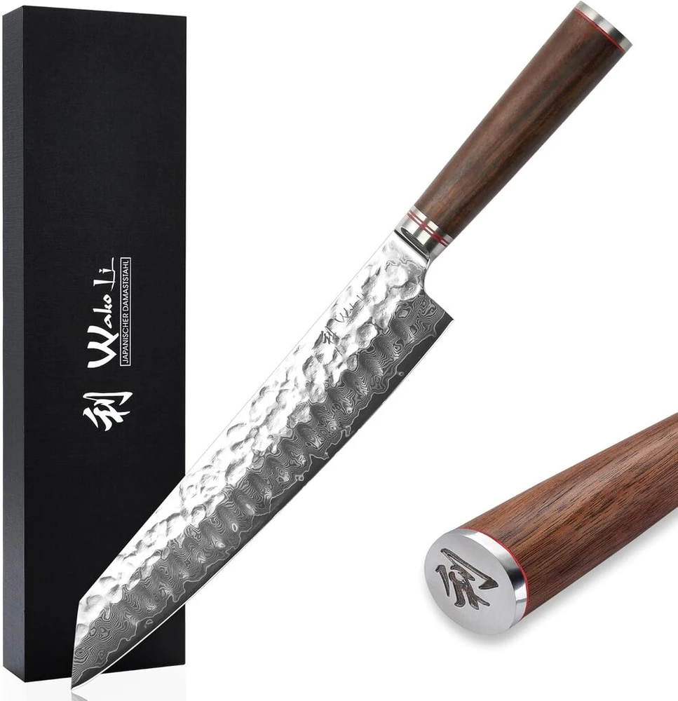 Wakoli Damask Kiritsuke šefo peilis - 20 cm ašmenys pagaminti iš 67 sluoksnių Vg10 Damasko plieno su plaktuko smūgiu, ergonomiška riešutmedžio rankena, profesionalus šefo peilis dovanų dėžutėje mėgėjams