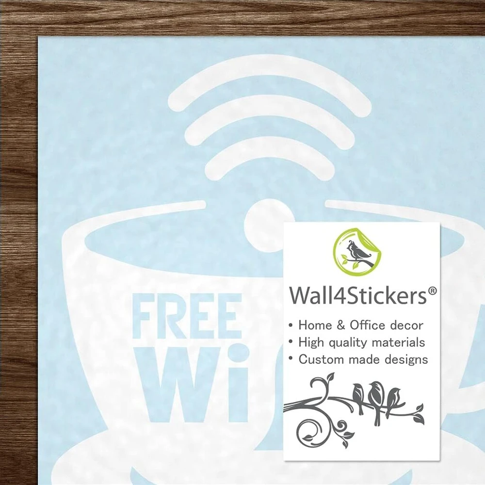 Wall4stickers lipdukas su nemokamu wi-fi puodeliu, skirtas langams, vinilo grafika, kavinei, parduotuvei, salonui, barui, restoranui