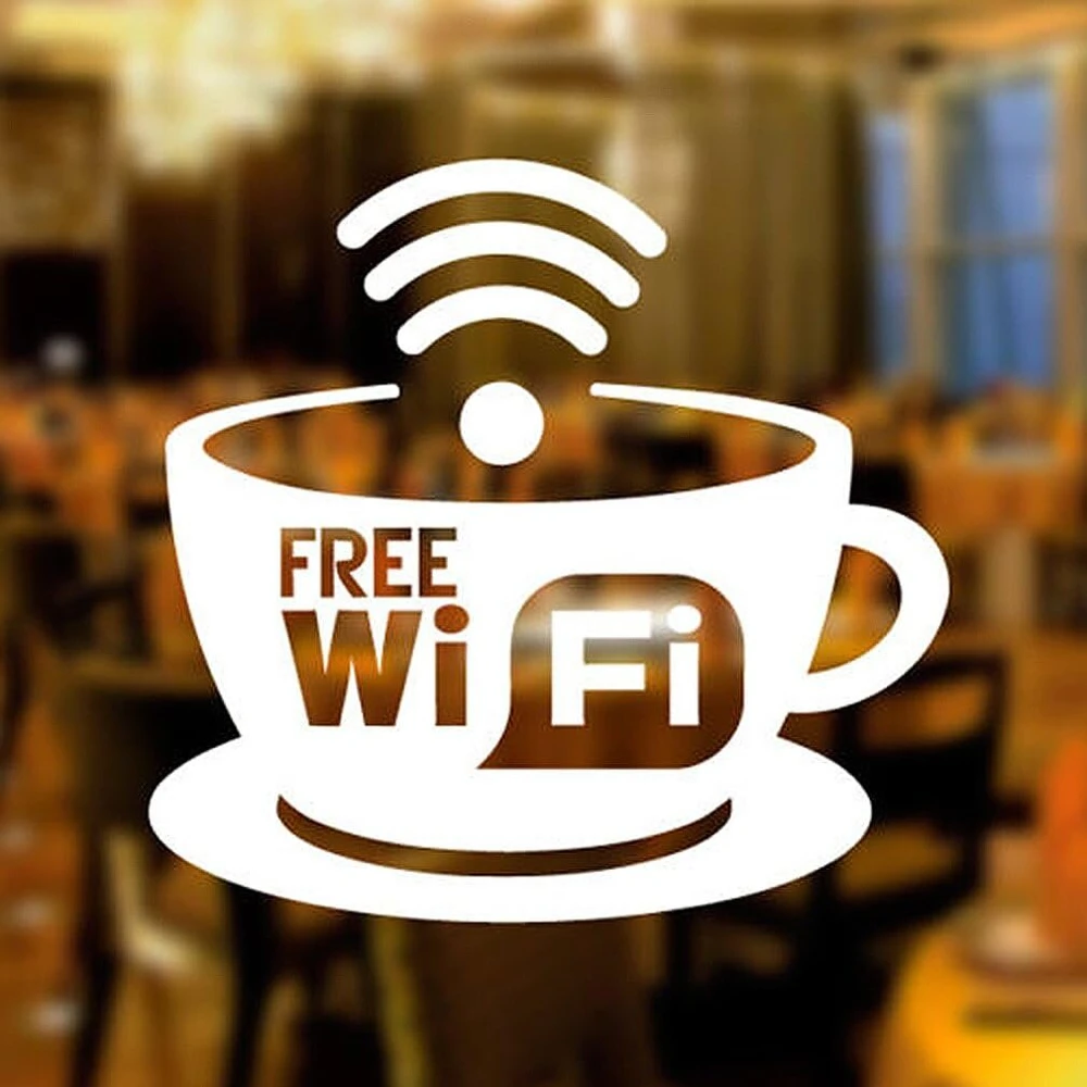 Wall4stickers lipdukas su nemokamu wi-fi puodeliu, skirtas langams, vinilo grafika, kavinei, parduotuvei, salonui, barui, restoranui