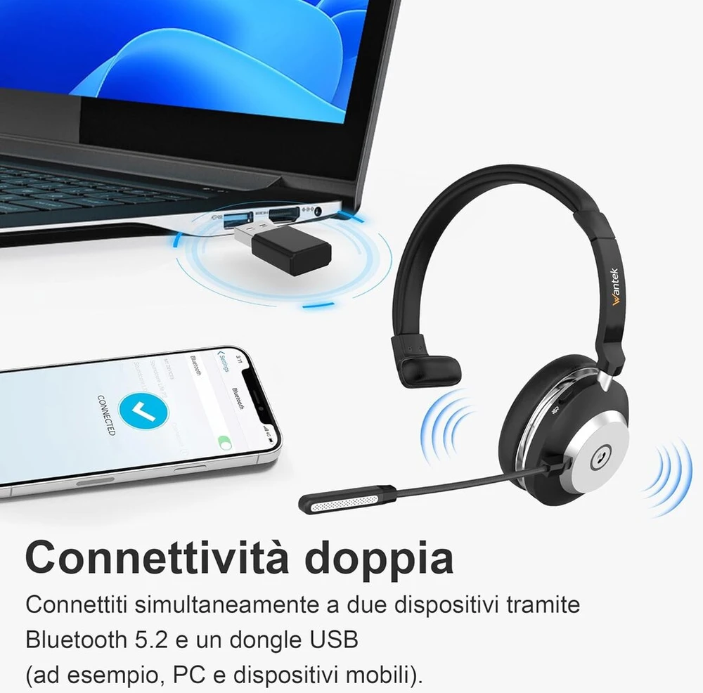 Wantek belaidės ausinės, bluetooth ausinės su mikrofono triukšmo slopinimu ir usb jungtimi, belaidės ausinės su mikrofonu, skirtos pc/office/zoom/skype/laptop