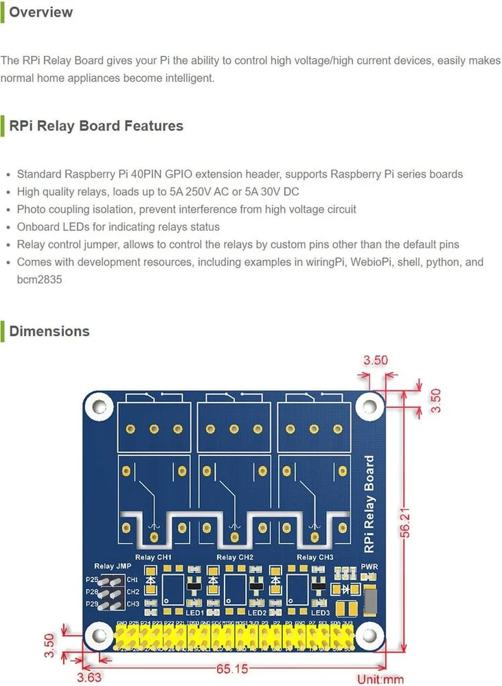 Waveshare Raspberry Pi galios relės plokštė Raspberry Pi išplėtimo plokštės modulis, skirtas Raspberry Pi A+/b+/2b/3b