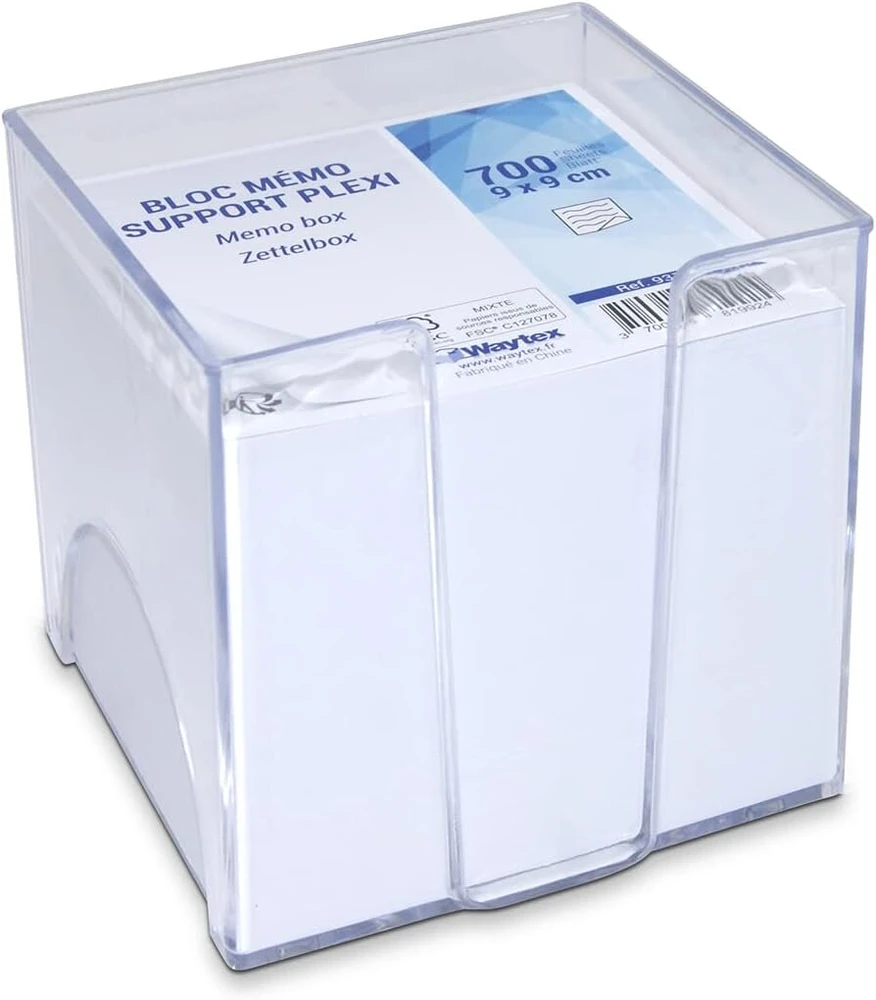 Waytex 931150 memo bloknotas su 700 baltų lapelių 9 x 9 cm su skaidriu plastikiniu laikikliu