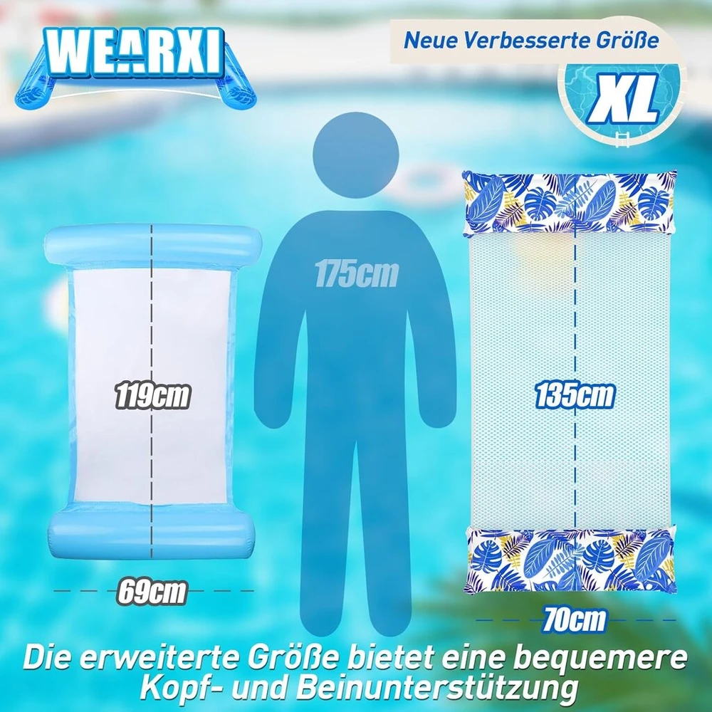 Wearxi pripučiamas čiužinys baseinui Xl, 2 vnt. pripučiamas vandens čiužinys, 4 viename vandens hamakas, pripučiamas vandens hamakas, žaislai baseinui vaikams, priedai baseinui, vandens žaislai suaugusiems ir vaikams
