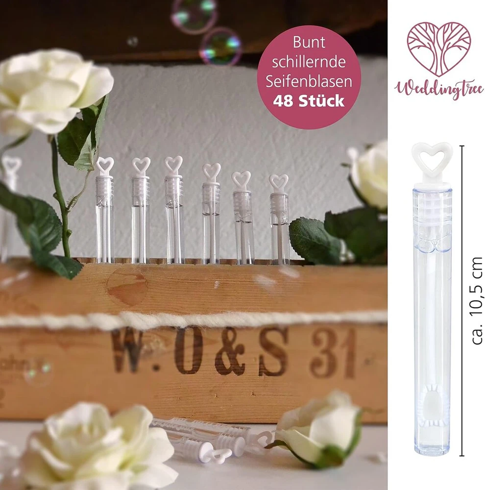 Weddingtree Premium muilo burbulų rinkinys baltos spalvos - 48 vienetai su širdelės formos rankena - mieliausias vestuvėms, krikštynoms, gimtadieniams, auksinėms vestuvių metinėms, sužadėtuvėms, valentino dienai, vestuvių dovanėlėms, vakarėliams