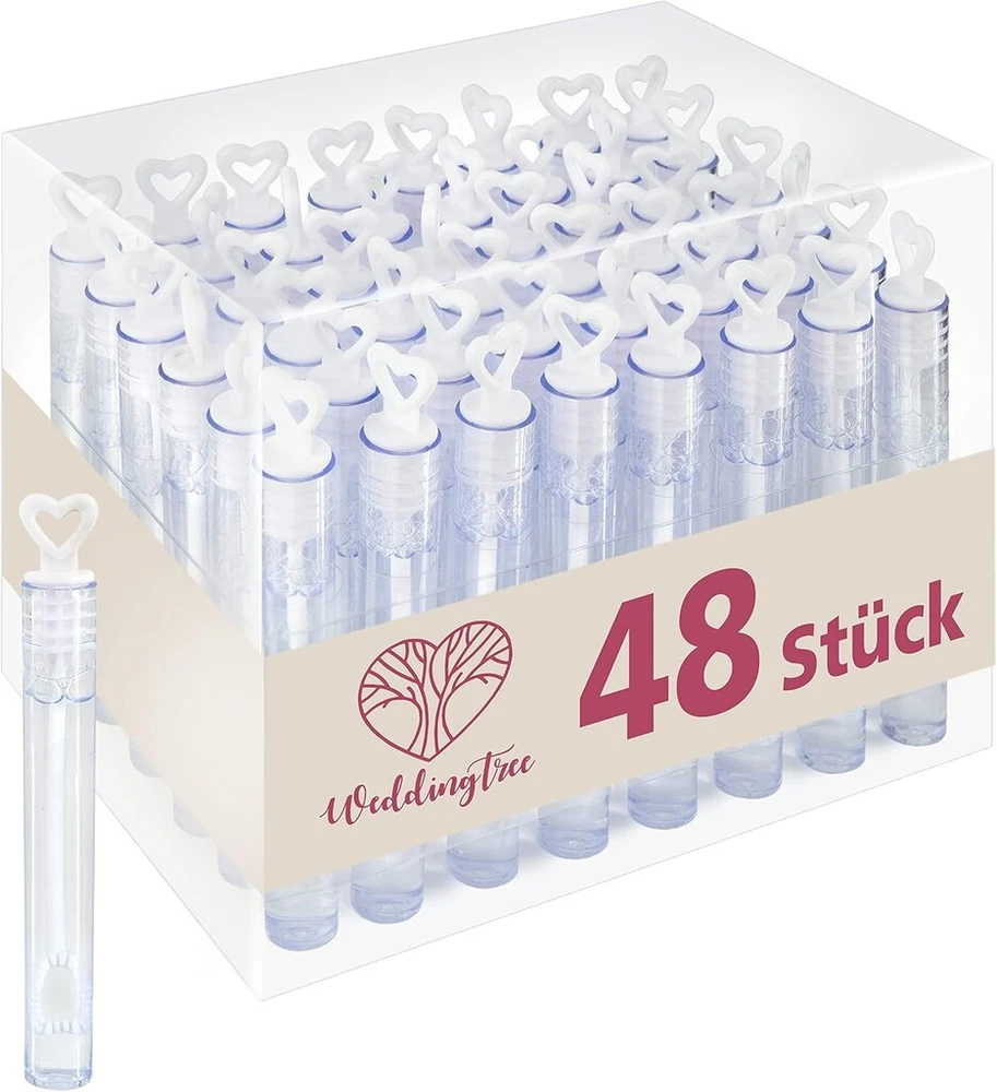 Weddingtree Premium muilo burbulų rinkinys baltos spalvos - 48 vienetai su širdelės formos rankena - mieliausias vestuvėms, krikštynoms, gimtadieniams, auksinėms vestuvių metinėms, sužadėtuvėms, valentino dienai, vestuvių dovanėlėms, vakarėliams