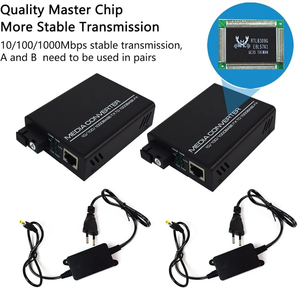 Weishuo Gigabit Ethernet medijos keitiklis Singlemode Sc siųstuvas-imtuvas šviesolaidinis keitiklis 10/100/1000m Rj45 su dviem europiniais maitinimo adapteriais, 2 vnt.