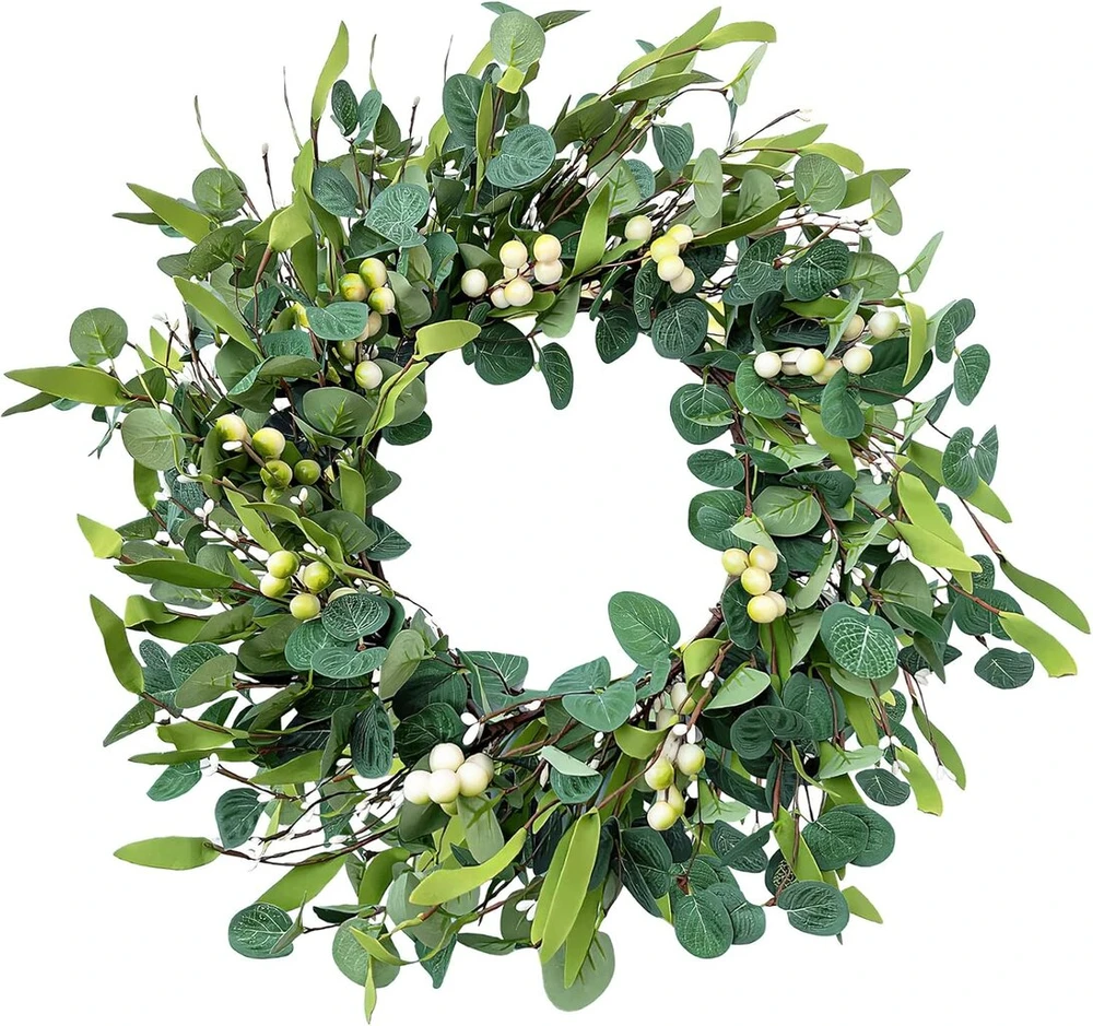 Weldomcor dirbtinis eukalipto vainikas, dirbtiniai eukalipto vainikai priekinėms durims, vasaros vainikas, 50 cm, dideli žalialapių vainikai su uogomis vestuvėms, durims, vakarėliams, langui, sienai, festivaliui