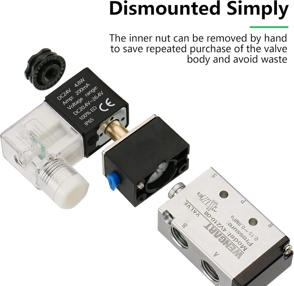 Wengart pneumatinis solenoidinis vožtuvas 4v210-08, 1/4 colio pt, dc24v, 2 padėtys, 5 krypčių, vienos ritės, pilotinis, elektrinis, universaliam ir stabilam cilindro valdymui