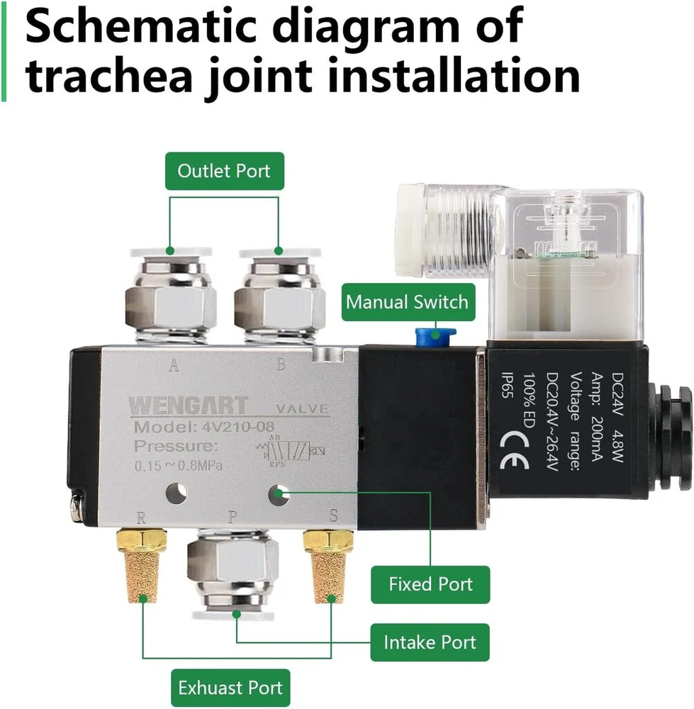 Wengart pneumatinis solenoidinis vožtuvas 4v210-08, 1/4 colio pt, dc24v, 2 padėtys, 5 krypčių, vienos ritės, pilotinis, elektrinis, universaliam ir stabilam cilindro valdymui