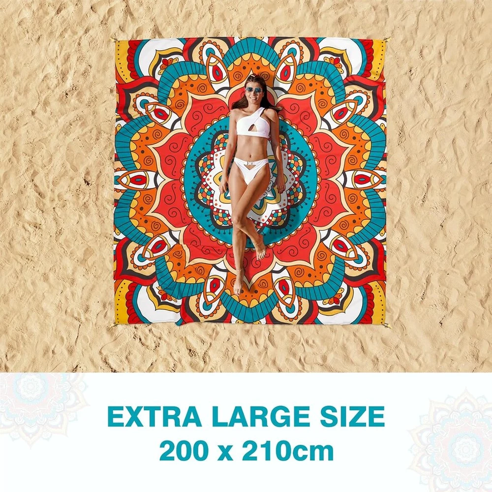 Wernnsai Paplūdimio Antklodė - 210 x 200 cm Mandala Smėliui Atsparus Paplūdimio Kilimėlis Didelis Lengvas Vandeniui Atsparus Smėlio Nepraleidžiantis Kempingo Antklodė su 4 Kuoliukais Paplūdimio Kempingui Žygiams Iškyloms Kelionėms