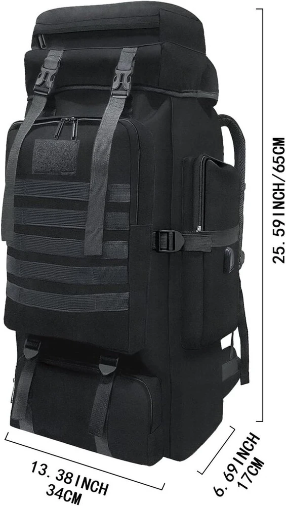 Wesoke 80l žygio kuprinė, kelioninis molle ruksakas, kariniai taktiniai dienos ruksakai, pastorintas, reguliuojamas, vandeniui atsparus didelės talpos lauko ruksakas su usb jungtimi, juodas