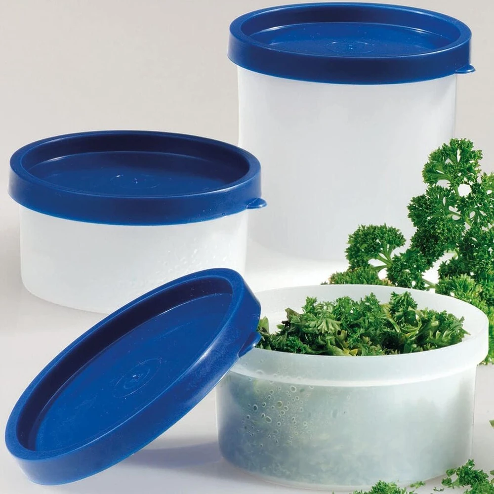 Westmark 4 prieskoninių žolelių / šaldymo indai su dangteliu, talpa 200 ml kiekvienas, sukraunami plastikiniai trio spalvos skaidrūs/mėlyni 25842270 prieskoninių žolelių stiklainiai 0,2 l