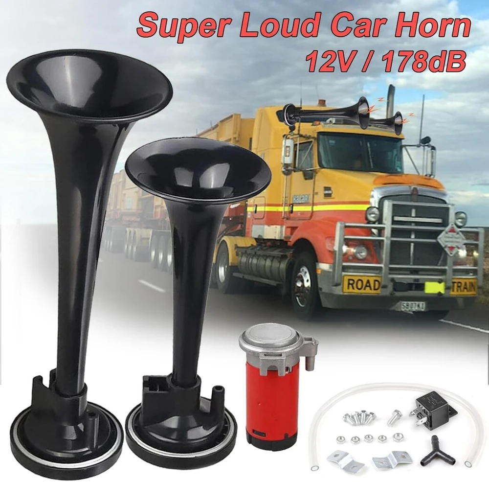Whtohy automobilinis garso signalas 12 V, universalus garsus oro signalas, dviguba trimito 12 V 178 Db oro signalas su kompresoriaus rinkiniu, itin garsus garsiakalbio trimitas automobiliui, sunkvežimiui, traukiniui, motociklui, transporto priemonėms, val