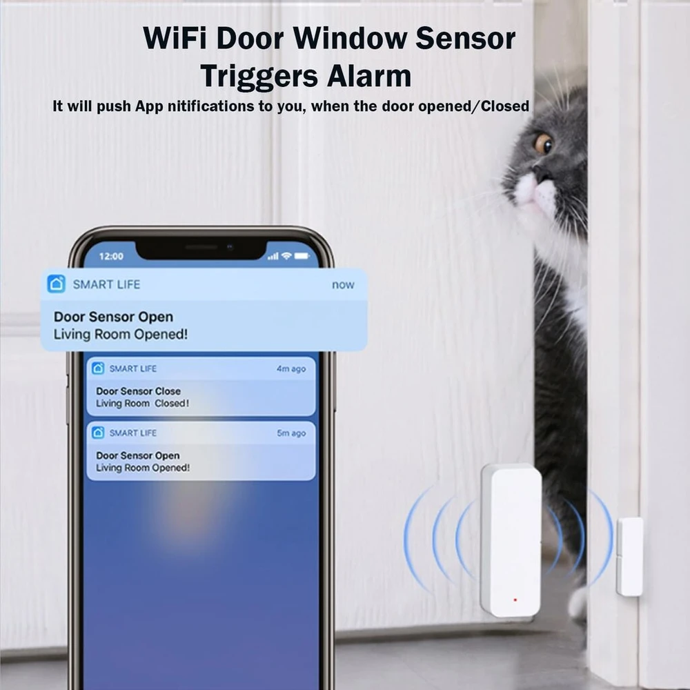 Wifi durų jutiklis langų detektorius: išmanusis langų kontaktinis jutiklis, belaidis magnetinis durų atidarymo detektorius su nemokamais pranešimais, suderinamas su Alexa Google Assistant (4 vnt.)