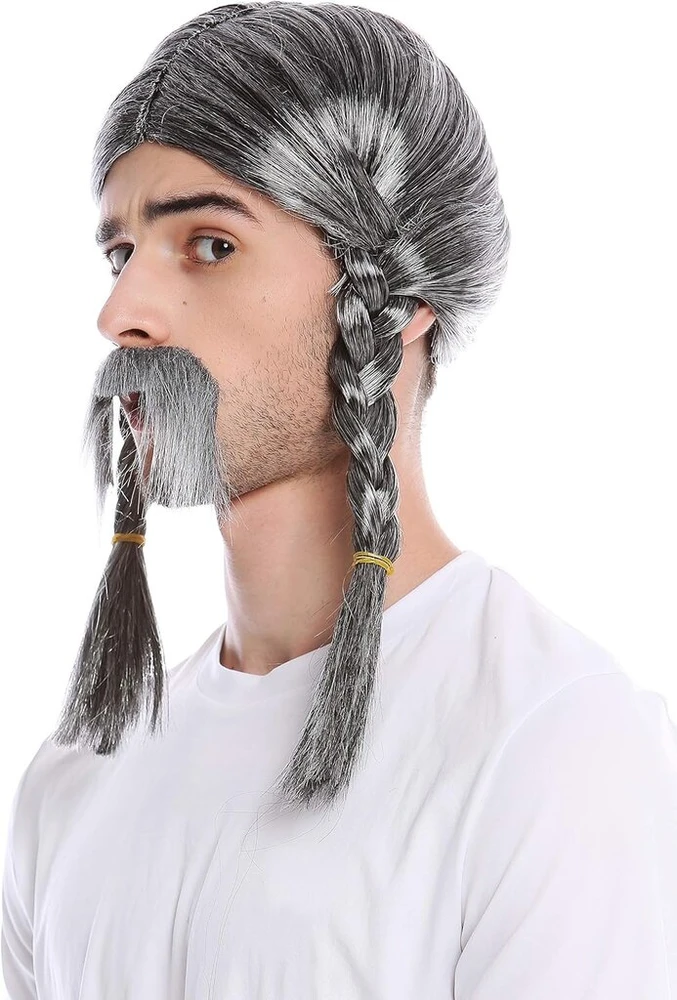 Wig Me Up - 91099-za63/za103 perukas ir barzda vyrams karnavalui Helovinui pilkas pintas kasytės galas germanas barbaras keltas