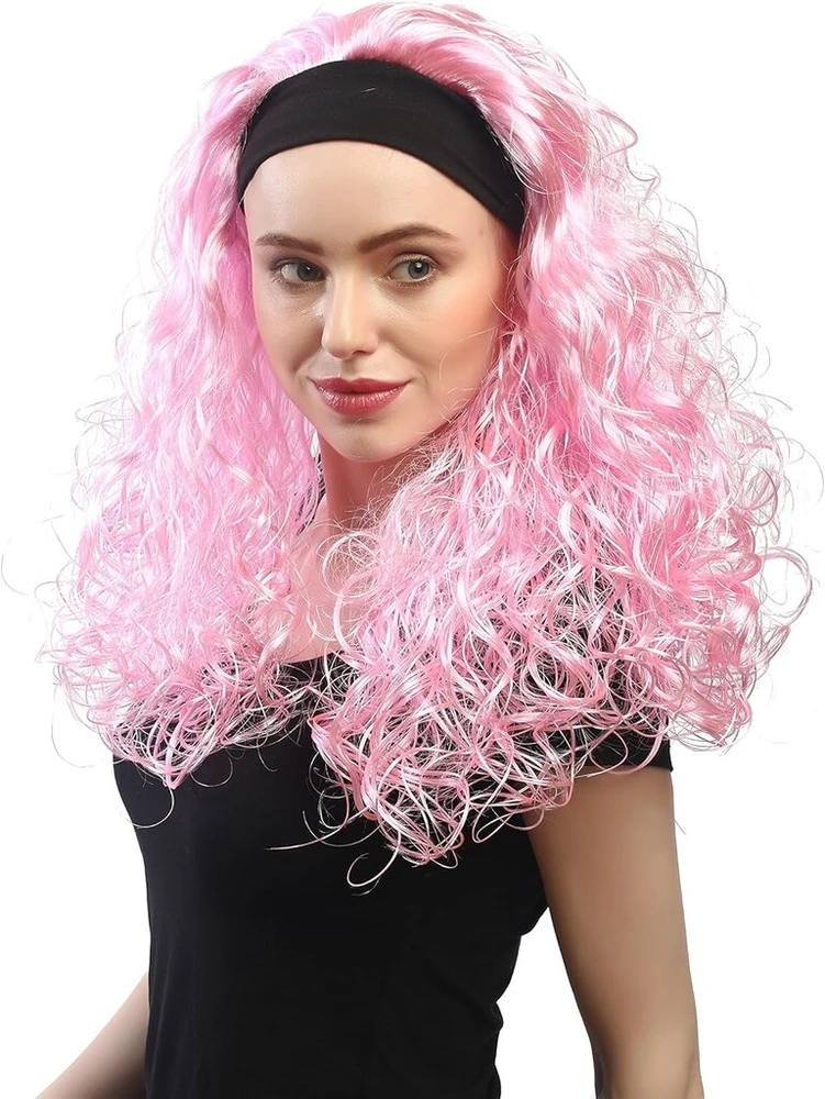 Wig Me Up - Dh1552-pc28 perukas moterims karnavalinis kostiumas garbanos apimtis galvos juosta ilgas šviesiai rožinis šviesiai rožinis 80-ųjų