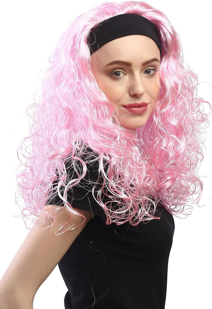 Wig Me Up - Dh1552-pc28 perukas moterims karnavalinis kostiumas garbanos apimtis galvos juosta ilgas šviesiai rožinis šviesiai rožinis 80-ųjų
