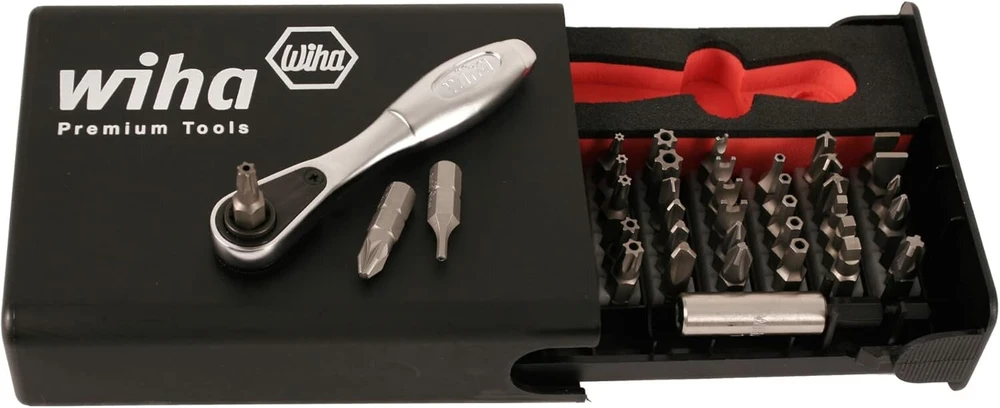 Wiha 71988 39 dalių apsauginių antgalių rinkinys su mini terkšle - sidabrinis