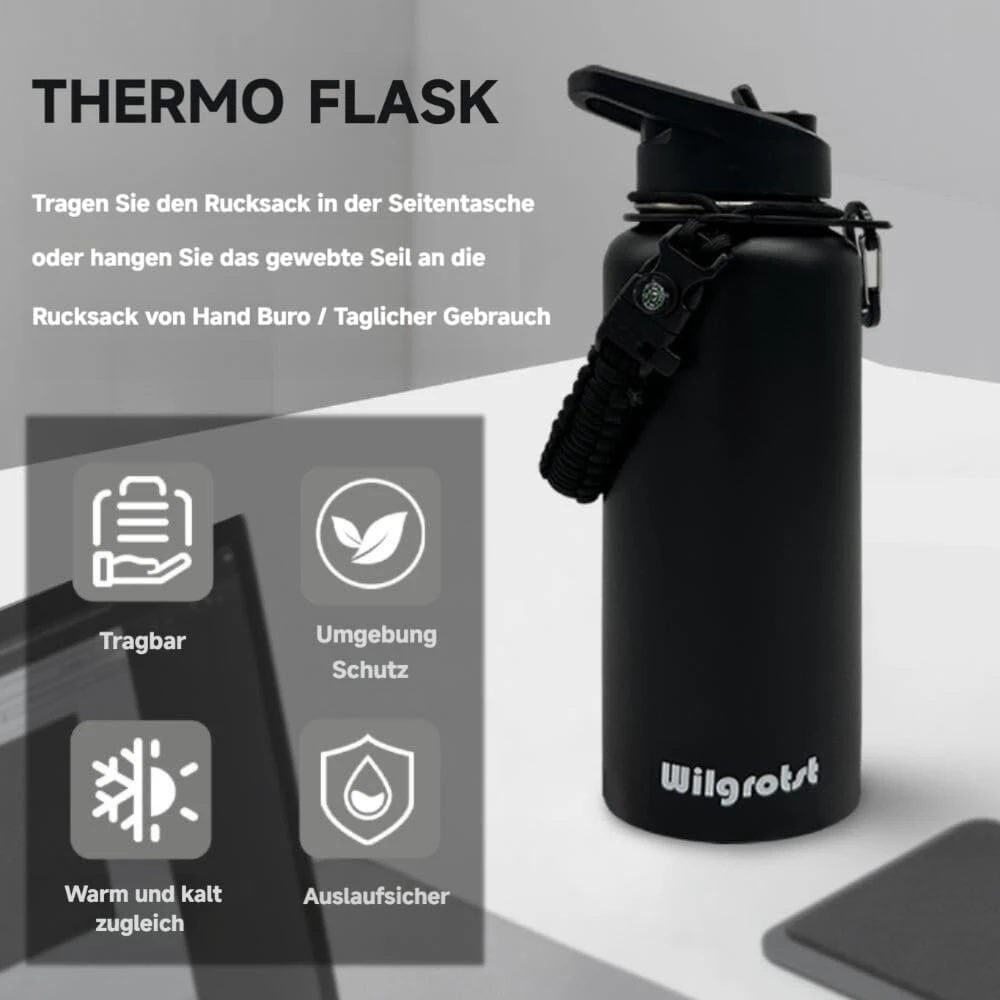 Wilgrotst nerūdijančio plieno termosas 32oz dvigubų sienelių vandens butelis su šiaudeliu, plačiu kakleliu, 3 dangteliais ir rankena - lauko stovyklavimo dviračių vandens butelis su dovanų dėžute (juodas)
