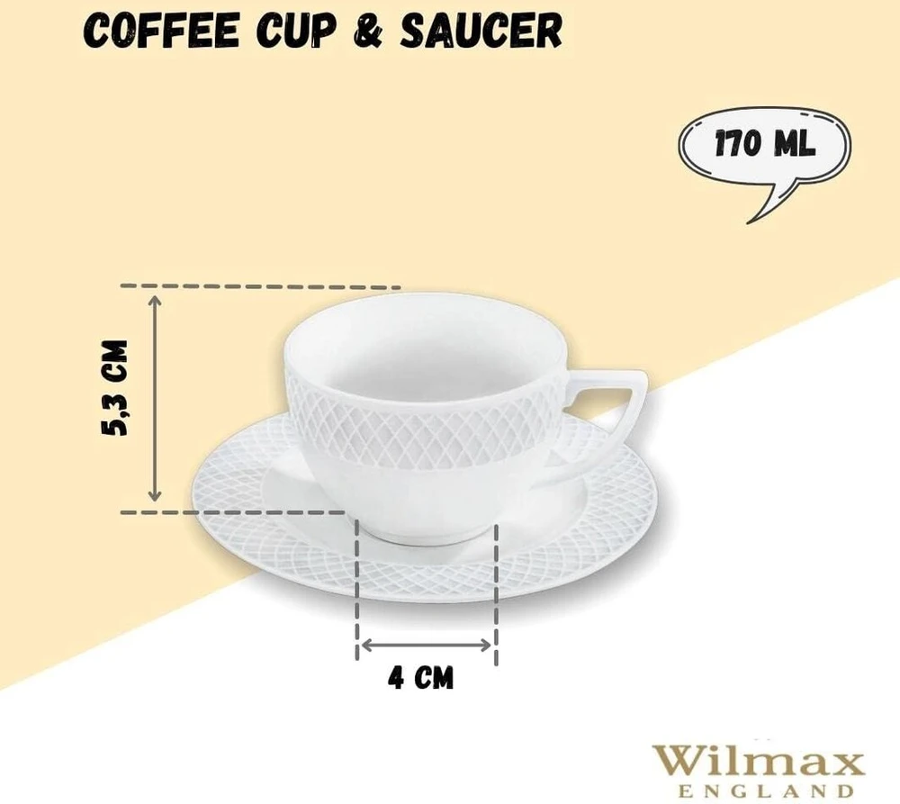 Wilmax Cappuccino puodelių rinkinys, 6 puodeliai su lėkštutėmis, kavos ir arbatos servizas, kavos puodeliai kavai, arbatai, desertams, dovanų rinkinys, baltas, 170 ml