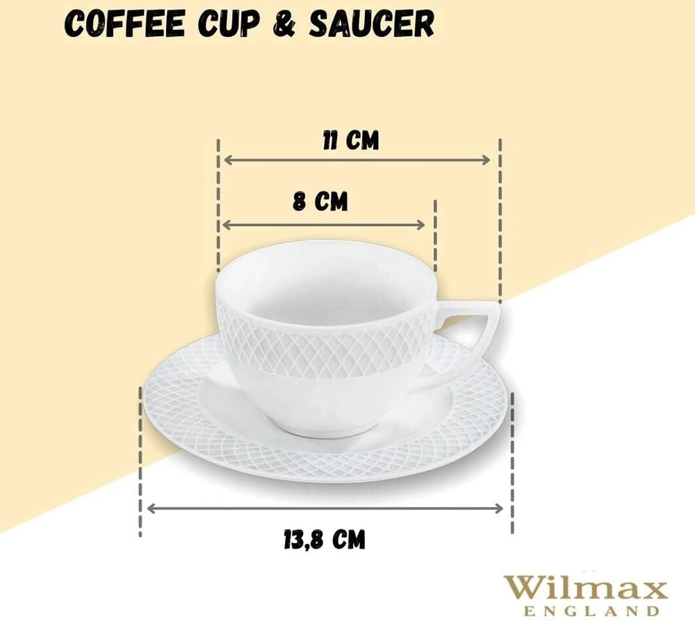 Wilmax Cappuccino puodelių rinkinys, 6 puodeliai su lėkštutėmis, kavos ir arbatos servizas, kavos puodeliai kavai, arbatai, desertams, dovanų rinkinys, baltas, 170 ml