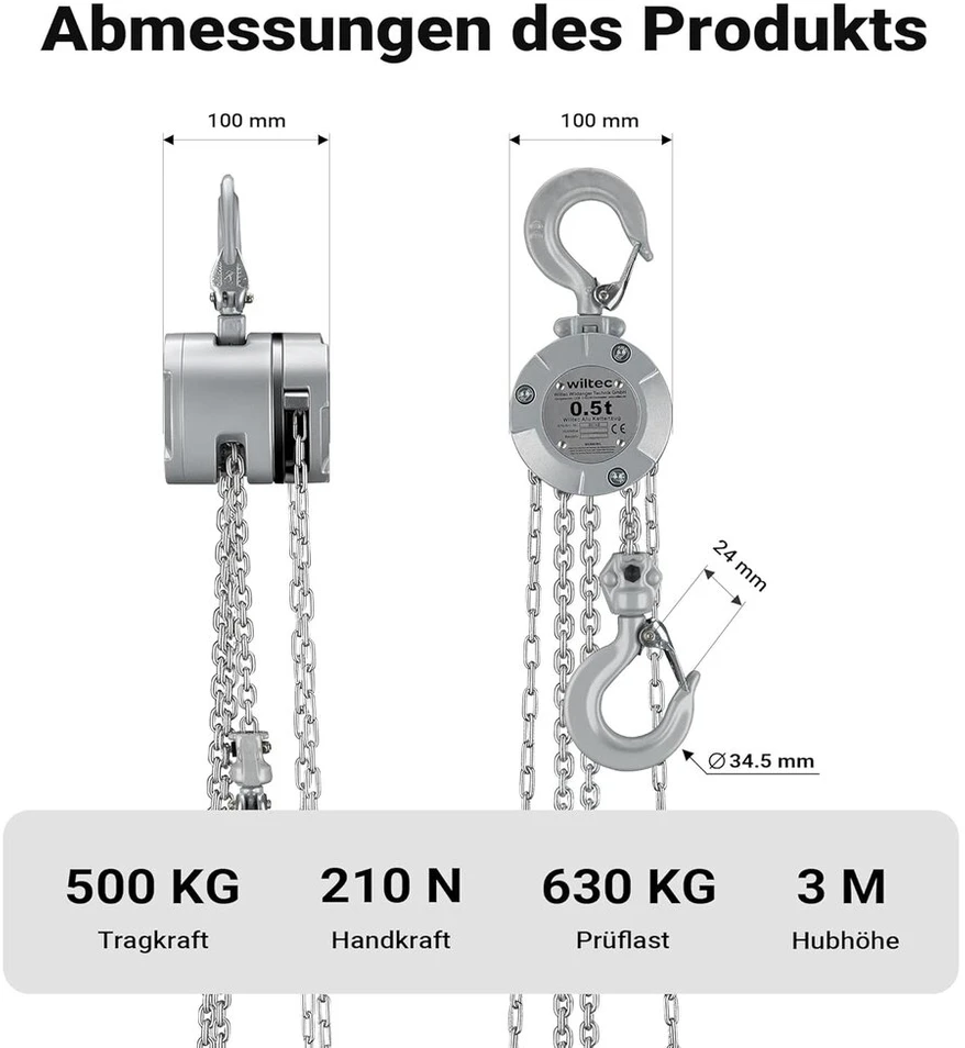 Wiltec Aliumininis grandininis keltuvas iki 500 kg, tvirtas rankinis grandininis keltuvas, 3 m kėlimo aukštis, apkrovos priemonės su G100 grandine, rankinė kėlimo įranga pagaminta iš aliuminio, didelio našumo kėlimo įrenginys