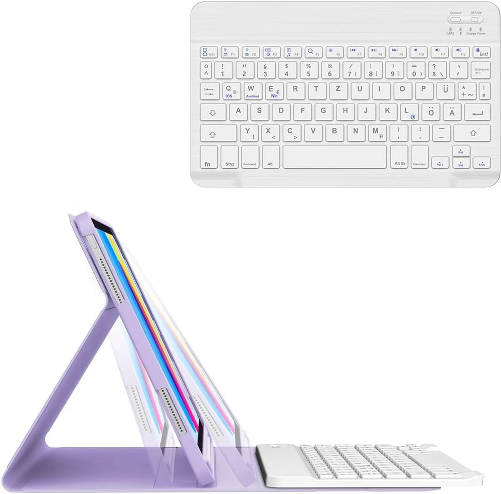 Winchking dėklas su klaviatūra 10 kartos 10.9 colių 2022, multi touch trackpad, 7 spalvų apšvietimas, magnetiškai nuimama bluetooth klaviatūra, Qwertz išdėstymas (violetinė)