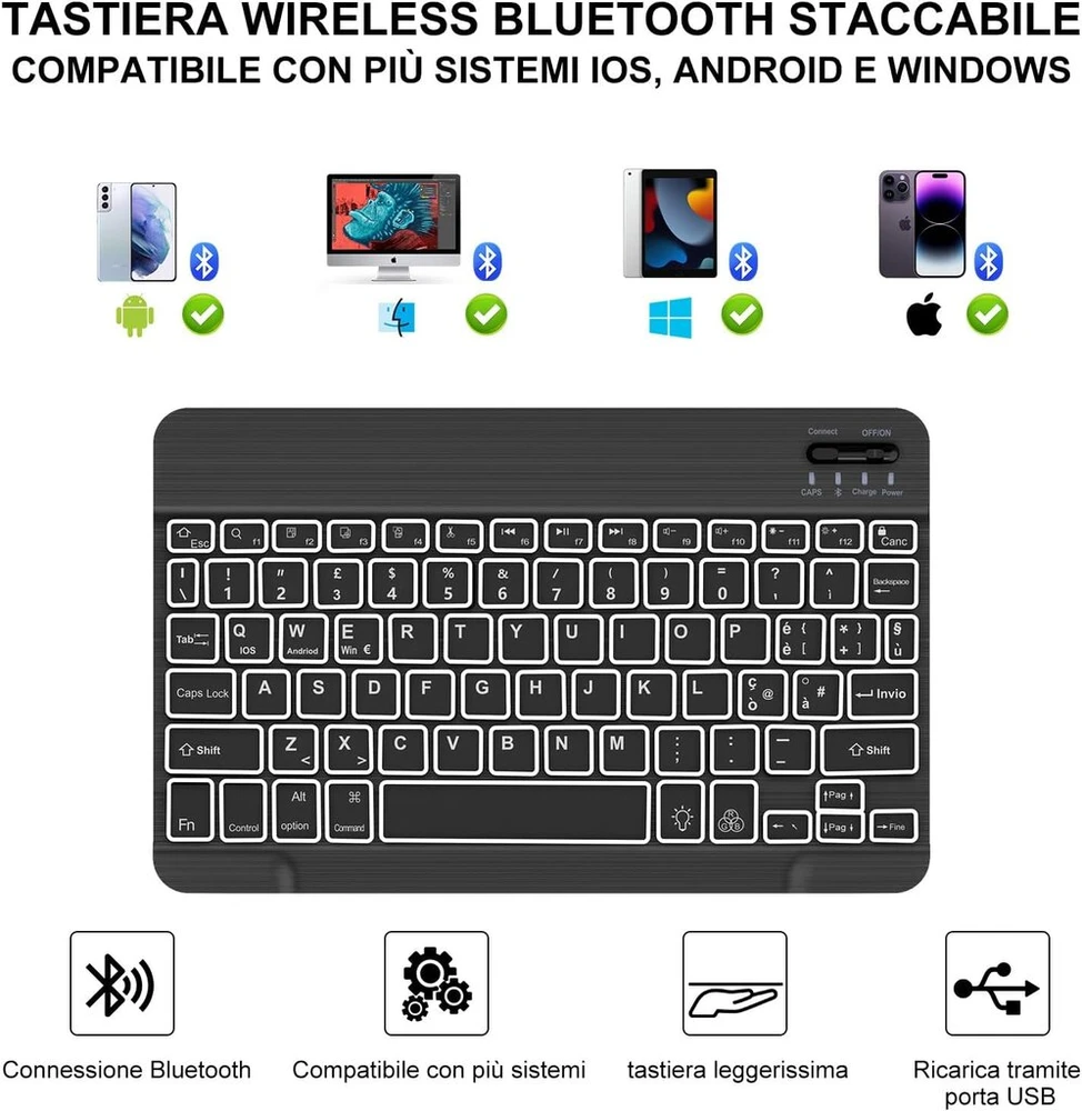 Winchking dėklas su klaviatūra, skirtas ipad 9/7/8 kartai, ipad air3, ipad pro10.5, 7 spalvų apšviesta klaviatūra, 10.2 colių, su rašiklio laikikliu, itališka bluetooth klaviatūra (juoda)