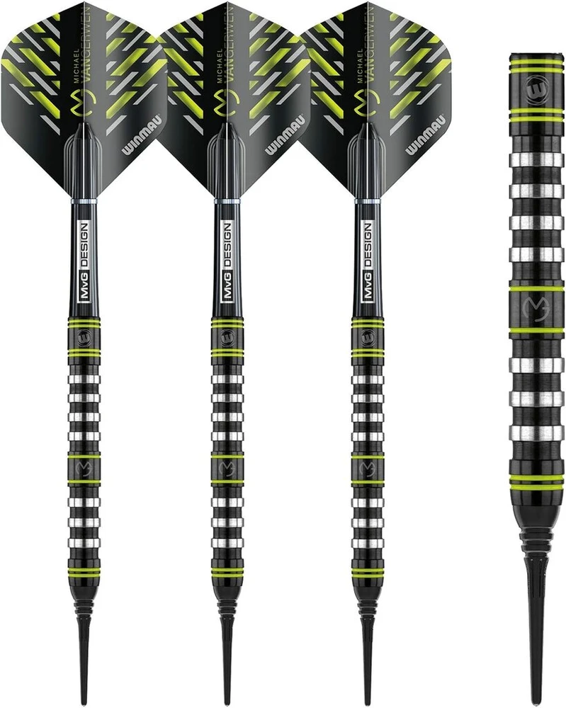Winmau Michael Van Gerwen Mvg Assault volframiniai smiginiai su minkštais antgaliais, 18 g, su Prism plunksnomis ir nailoniniais kotais