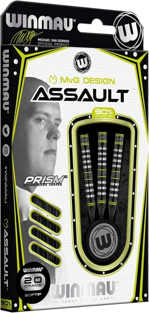 Winmau Michael Van Gerwen Mvg Assault volframiniai smiginiai su minkštais antgaliais, 18 g, su Prism plunksnomis ir nailoniniais kotais