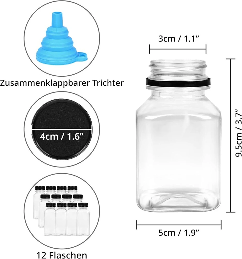 Winter Shore 180 ml daugkartinio naudojimo plastikiniai buteliukai užpildymui [12 vnt.] – skaidrūs tušti sulčių buteliukai su nepralaidžiais dangteliais ir piltuvėliu – mini šaldytuvui, vandeniui ir kokteiliams