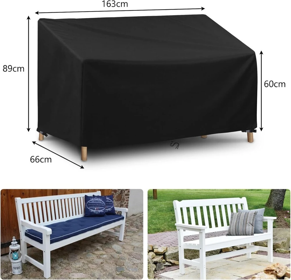 Wisclass 3 vietų sodo suoliuko uždangalas, atsparus vandeniui, vėjui, Uv spinduliams, tvirtas, 420d Oxford audinio uždangalas, sodo baldai sodo suoliukui, sodo sofai, 163 x 66 x 60/89 cm, juodas