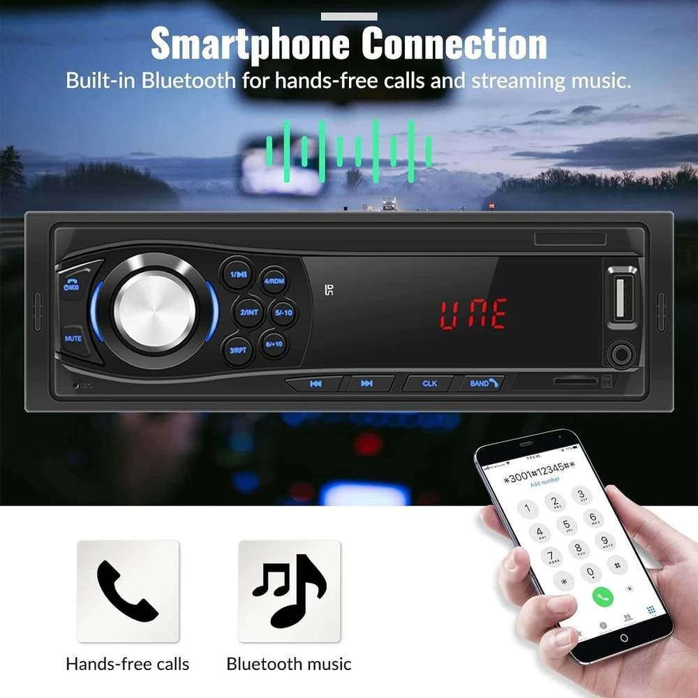 Automagnetola Wisdom Line Bluetooth automobilinis radijas su Usb, Aux įvestimis, laisvų rankų įranga ir išmaniųjų telefonų jungtimi geresnei garso patirčiai