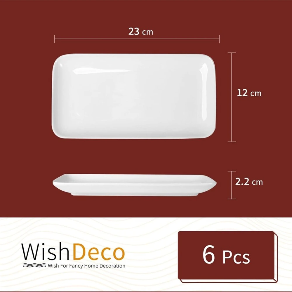 Wishdeco stačiakampės lėkštės, 6 vnt. rinkinys, serviravimo lėkštės, porcelianas, baltos, 23 x 12 cm, serviravimo lėkštės, pailgos, mažos vakarienės lėkštės desertui, pyragui, suši, salotoms, antipasti