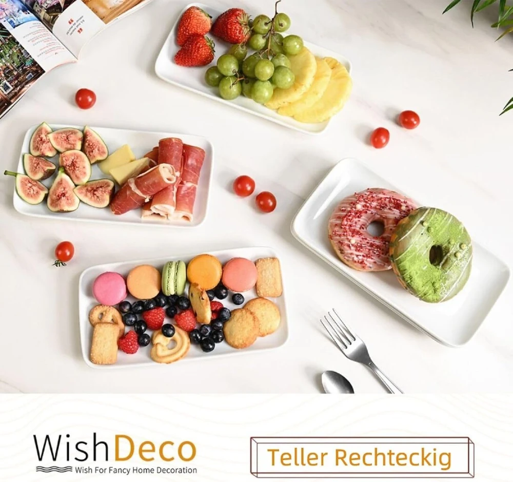 Wishdeco stačiakampės lėkštės, 6 vnt. rinkinys, serviravimo lėkštės, porcelianas, baltos, 23 x 12 cm, serviravimo lėkštės, pailgos, mažos vakarienės lėkštės desertui, pyragui, suši, salotoms, antipasti