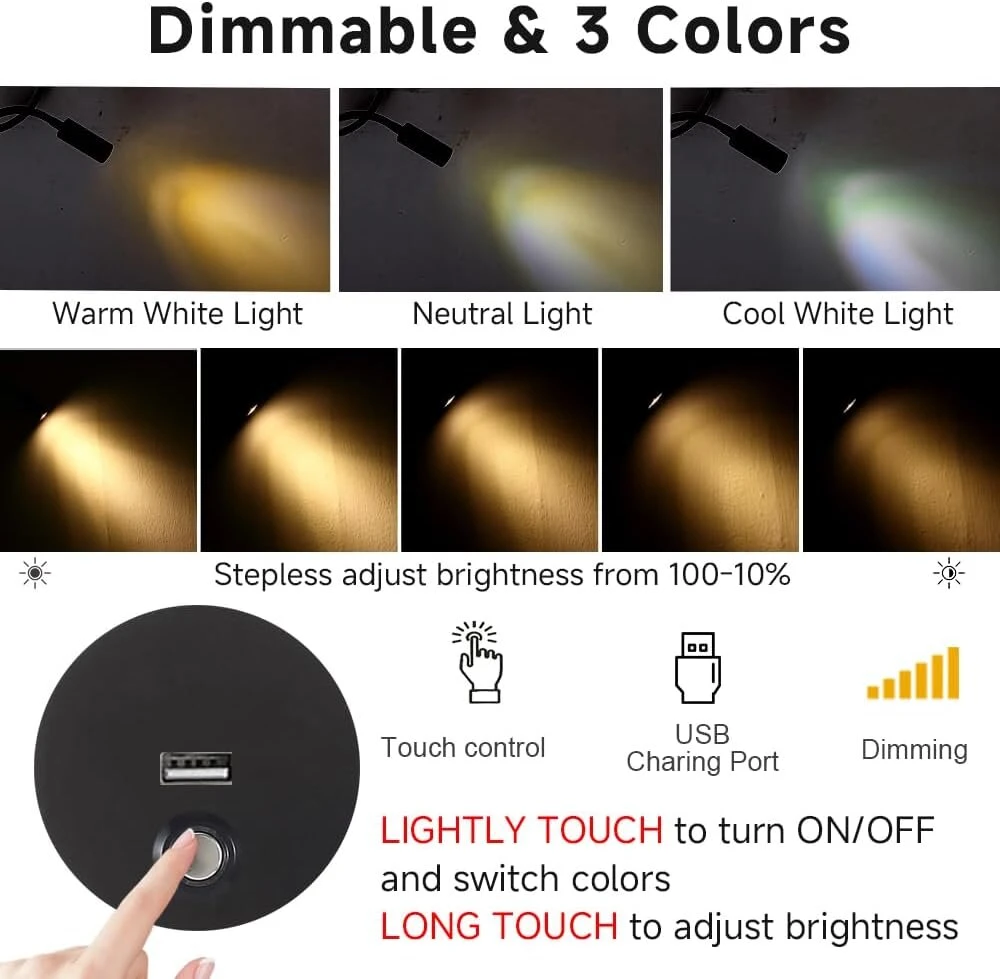 Wishomee pritemdoma skaitymo lempa, sieninis šviestuvas su usb įkrovimo prievadu, led įjungiamas sieninis montavimas, naktinio staliuko sieninis šviestuvas, lankstus sieninis šviestuvas, juoda apdaila