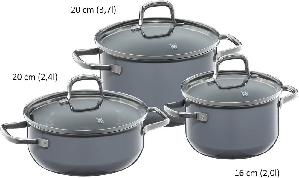 Wmf Fusiontec Essential 3 dalių indukcinis puodų rinkinys su stikliniu dangčiu, indukciniai puodai, aukštųjų technologijų keramika, atsparus įbrėžimams, nepadengtas, tinka visų tipų viryklėms, pagaminta Vokietijoje, pilkas