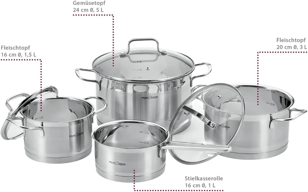 WMF Proficook Pc-kts 1224 indukcinis puodų rinkinys, 7 dalys, tinka visų tipų viryklėms, indukcinėms, elektrinėms, keraminėms halogeninėms ir dujinėms viryklėms, nerūdijančio plieno puodų rinkinys su dangčiu, vidinė skalė