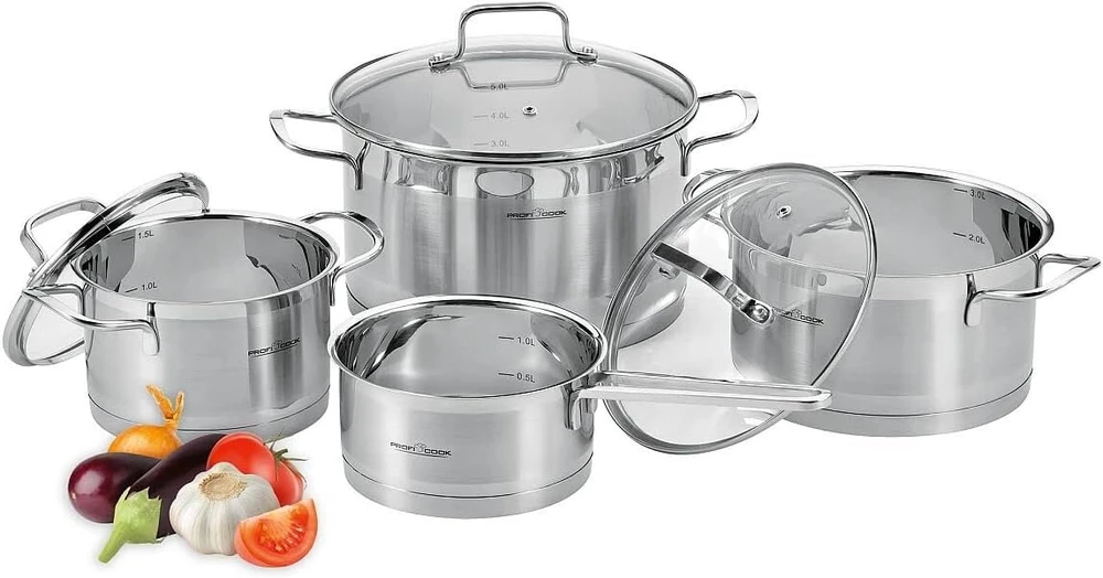 WMF Proficook Pc-kts 1224 indukcinis puodų rinkinys, 7 dalys, tinka visų tipų viryklėms, indukcinėms, elektrinėms, keraminėms halogeninėms ir dujinėms viryklėms, nerūdijančio plieno puodų rinkinys su dangčiu, vidinė skalė