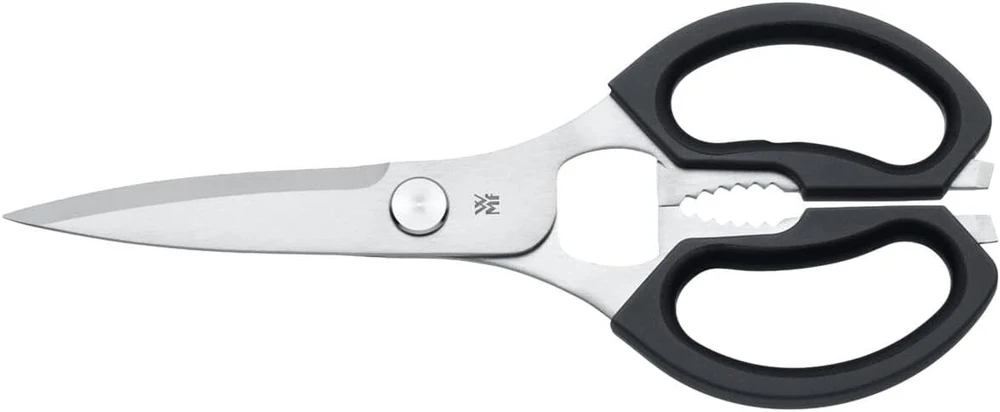 Wmf virtuvės žirklės 23 cm, buitinės žirklės, virtuvės žirklės, cromargan nerūdijantis plienas, plastikinė rankena, universalios žirklės su butelių atidarytuvu ir skardinių keltuvu