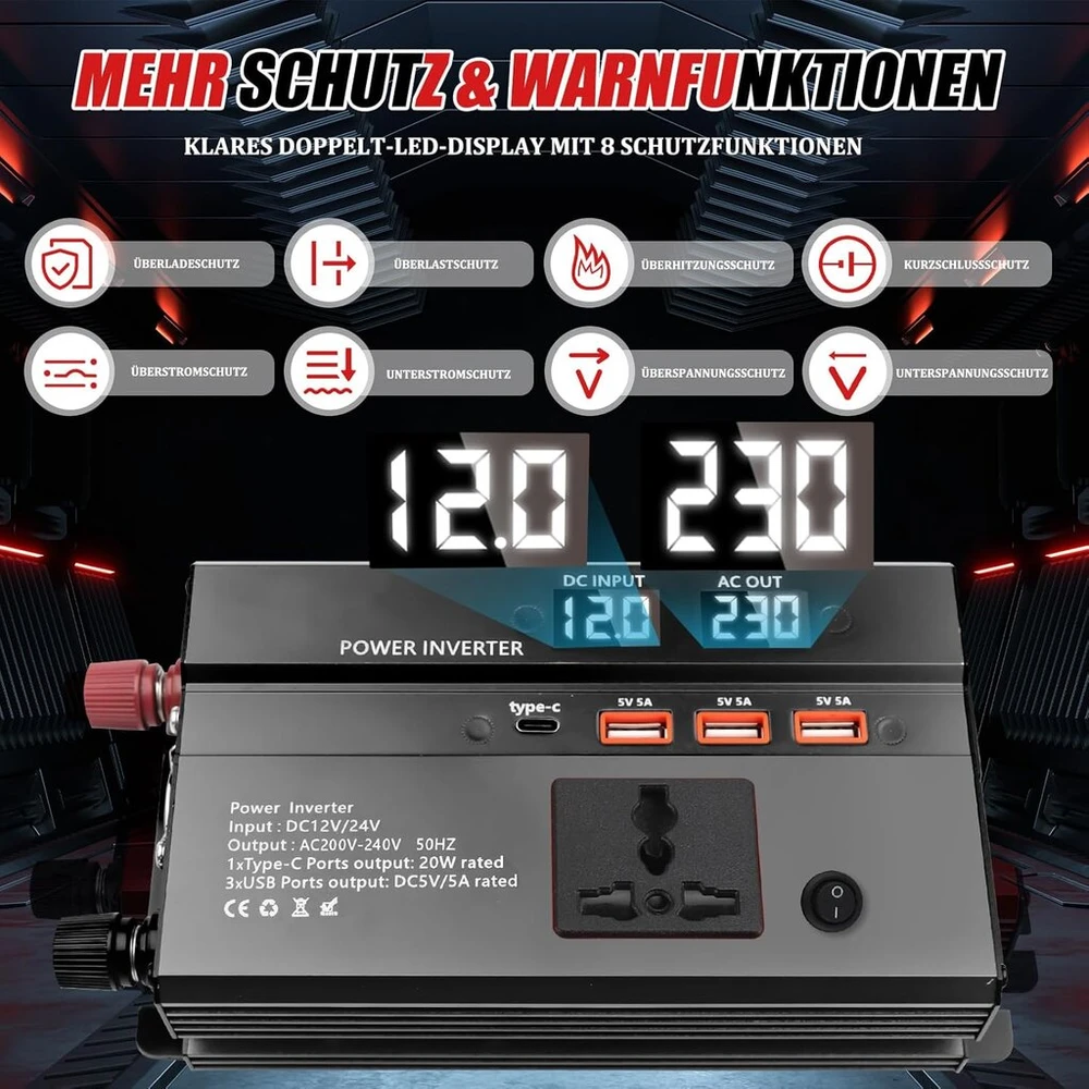 Wodhmiey 600w automobilinis galios keitiklis 12v/24v į 230v - automobilinis įtampos keitiklis su 2 lizdais, 3 Usb, 1 Type-c, greitas įkrovimas, dvigubas Led ekranas, skirtas stovyklavimui, kelionėms, kemperiui, sunkvežimiui ir avariniam maitinimui