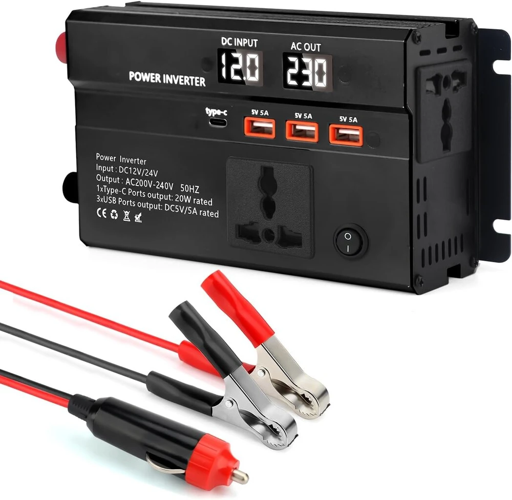 Wodhmiey 600w automobilinis galios keitiklis 12v/24v į 230v - automobilinis įtampos keitiklis su 2 lizdais, 3 Usb, 1 Type-c, greitas įkrovimas, dvigubas Led ekranas, skirtas stovyklavimui, kelionėms, kemperiui, sunkvežimiui ir avariniam maitinimui