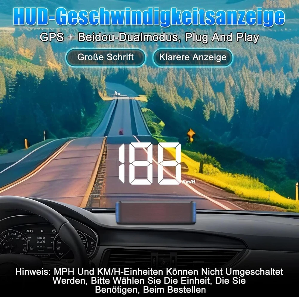 Wodhmiey Hud spidometro projektorius, priekinio stiklo projektoriaus spidometras Hud su Gps + Beidou, automatinis ryškumo reguliavimas, 10 Hz atnaujinimo dažnis, aiškus ekranas (baltas Km/h)