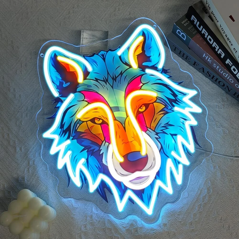 Wolfkopf neoninis ženklas sienų dekoravimui, usb maitinamas pritemdomas led vilko neoninis ženklas fonui, gyvūnų sienų meno dovana namų barui, vyro urvui, unikaliai miegamojo vakarėliui (35 x 30 cm)