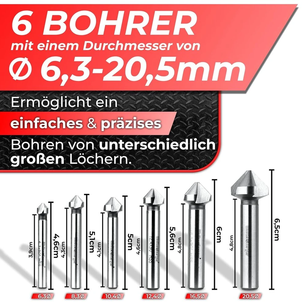 Woltersberger® 6 dalių Tin padengtų įgilinimo grąžtų rinkinys 90° skersmuo 6,3–20,5 mm – aštrus, tikslus įgilinimas ir atplaišų pašalinimas medienai, metalui, plastikui – įgilinimo grąžtas praktiškoje laikymo dėžutėje