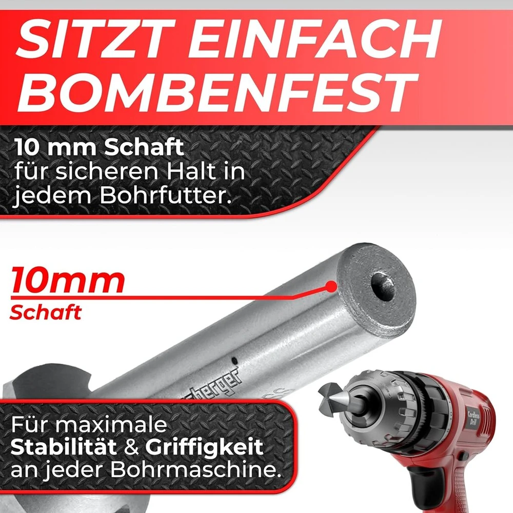 Woltersberger® 6 dalių Tin padengtų įgilinimo grąžtų rinkinys 90° skersmuo 6,3–20,5 mm – aštrus, tikslus įgilinimas ir atplaišų pašalinimas medienai, metalui, plastikui – įgilinimo grąžtas praktiškoje laikymo dėžutėje